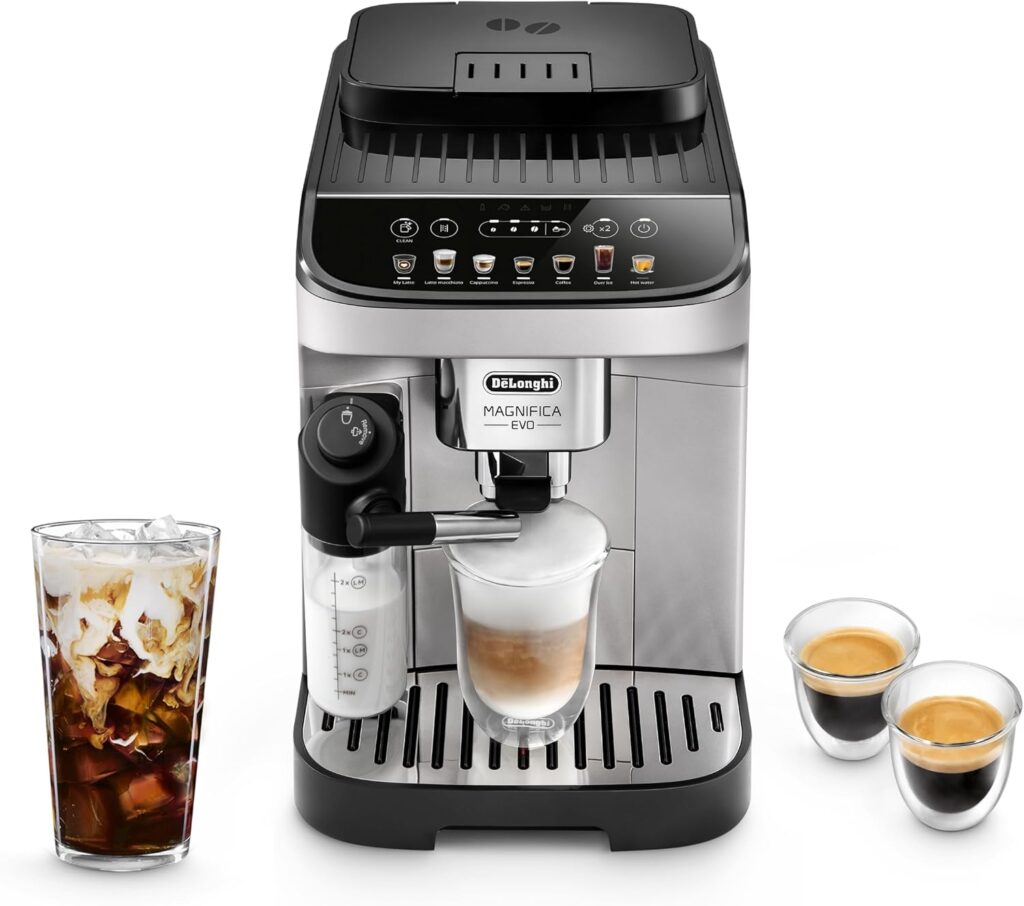 De'Longhi Magnifica Evo super-automatic espresso machine in silver with iced coffee and espresso